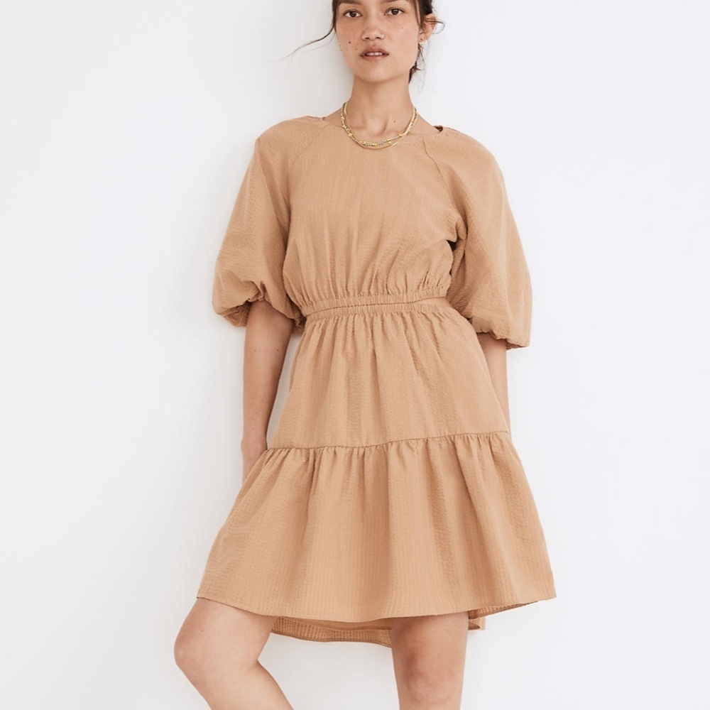Madewell seersucker puff sleeve cutout mini dress seed khaki